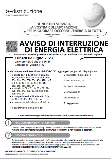 Immagine che raffigura Avviso interruzione energia elettrica 3 luglio 2023